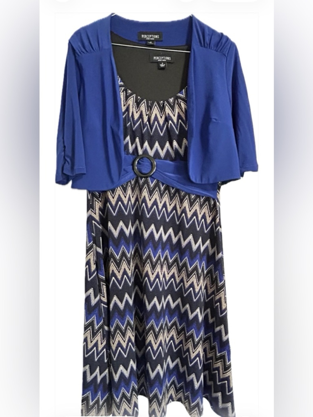 Perceptions New York 2 Piece Dress Set Sz 8 Blue Chevron Fit Flare Dress w/Shrug